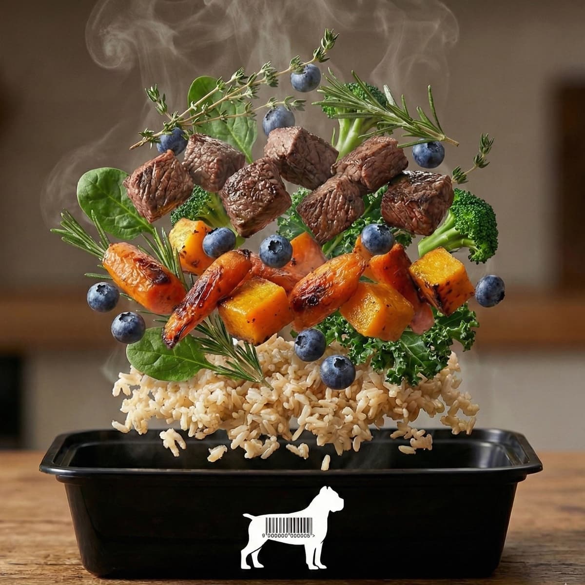PupTubz exploded view showing layers: rice base, roasted vegetables, premium protein, fresh herbs and superfoods
